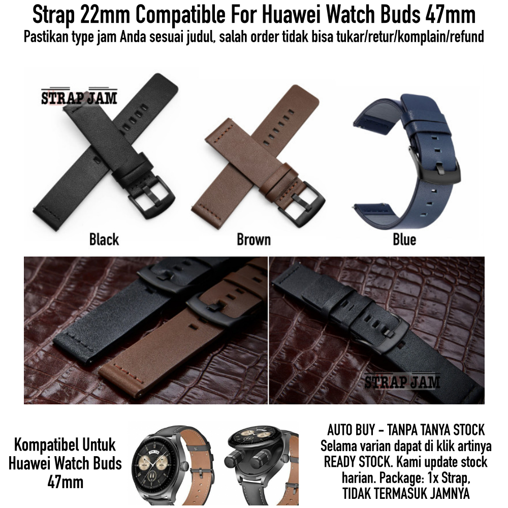 Modern Tali Jam Tangan Huawei Watch Buds 47mm - Strap 22mm Leather Kulit Buckle Hitam