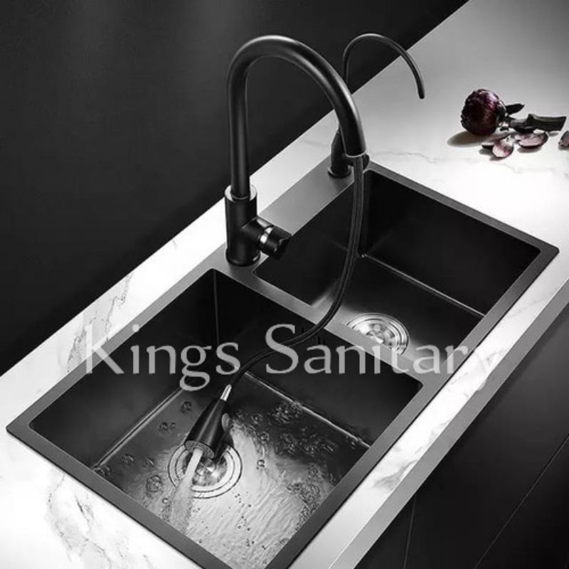 Kitchen Sink INOBE Black 8245 komplit set kran tarik /Bak Cuci Piring Hitam 2 Lubang Stainless sus 3