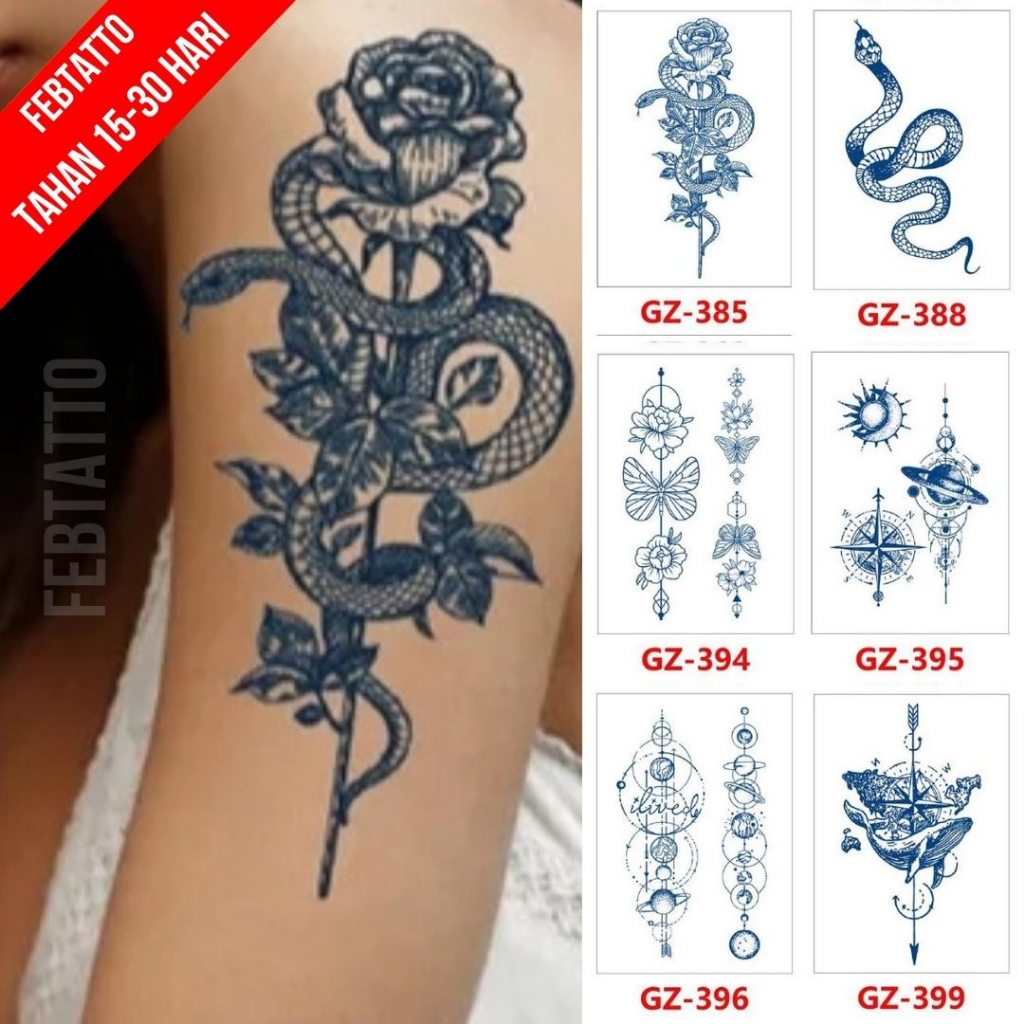 FRUIT INK Tato Semi Pemanent Tahan 1 Bulan Ukuran 11cmx18cmTato Lengan Tato Dada Tato tangan Tato Kaki Tato Punggung Tato Jari  Motif Aesthetic Tatto Temporary Stiker Tato Halal Grosir Tato air motif bung, ular, kupu kupu, kompas, planet GZ 385