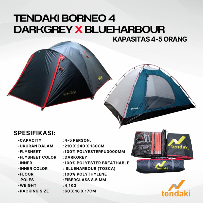 TENDAKI •Grosir Tenda Dome Termurah •Tendaki •Java 4 Pro •BORNEO 4 •Java 4 Light •Arundaya 4+ Air •NSM 4 •Moluccas 4 pro •Kapasitas 4 Orang •T210 Ripstop 3000mm Double Layer