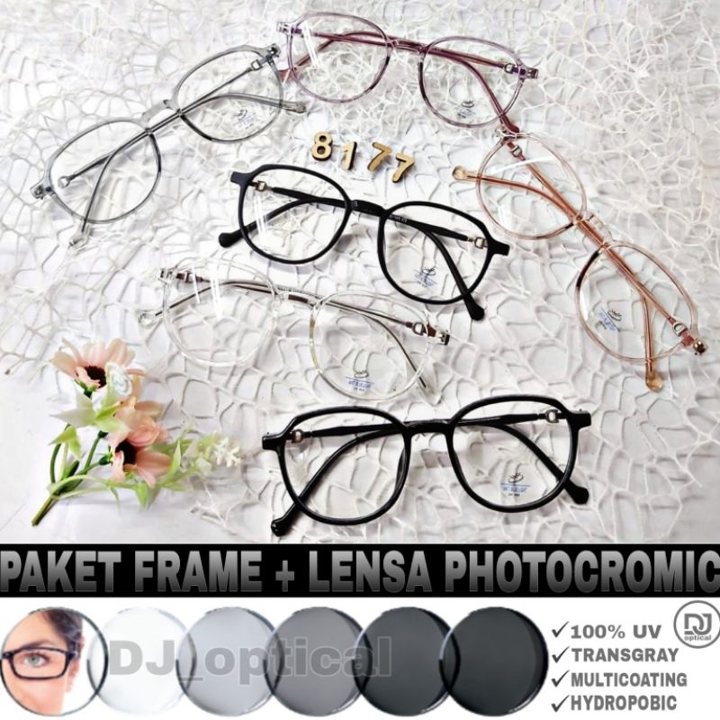 Frame Kacamata Paket Lensa Photocromic 8177 | Kacamata Minus| Kacamata Antiradiasi