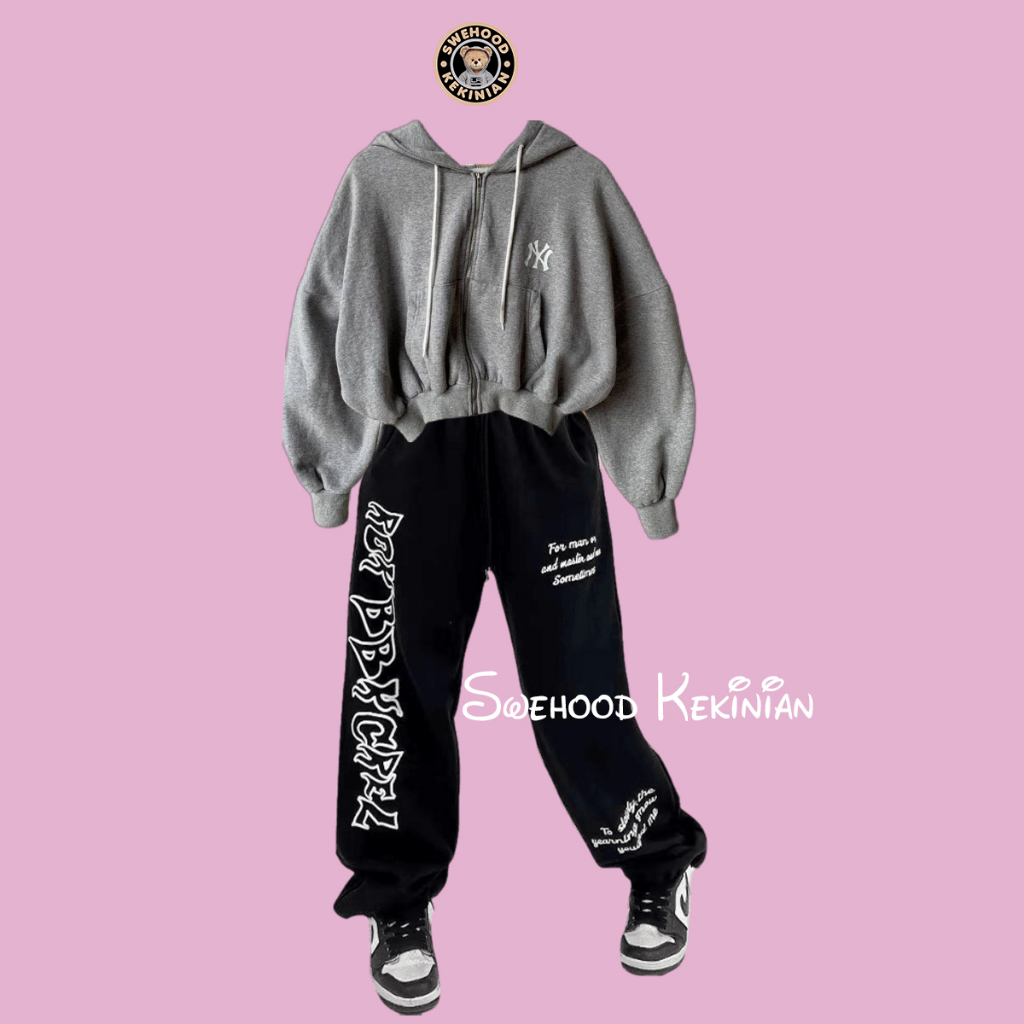 ONE SET NY KOREAN CROP + HIP HOP HARAJUKU PREMIUM Setelan Set Baju Atasan dan Celana Panjang Wanita Kekinian Fashion Outfit Korean Style Bahan Fleece Tebal