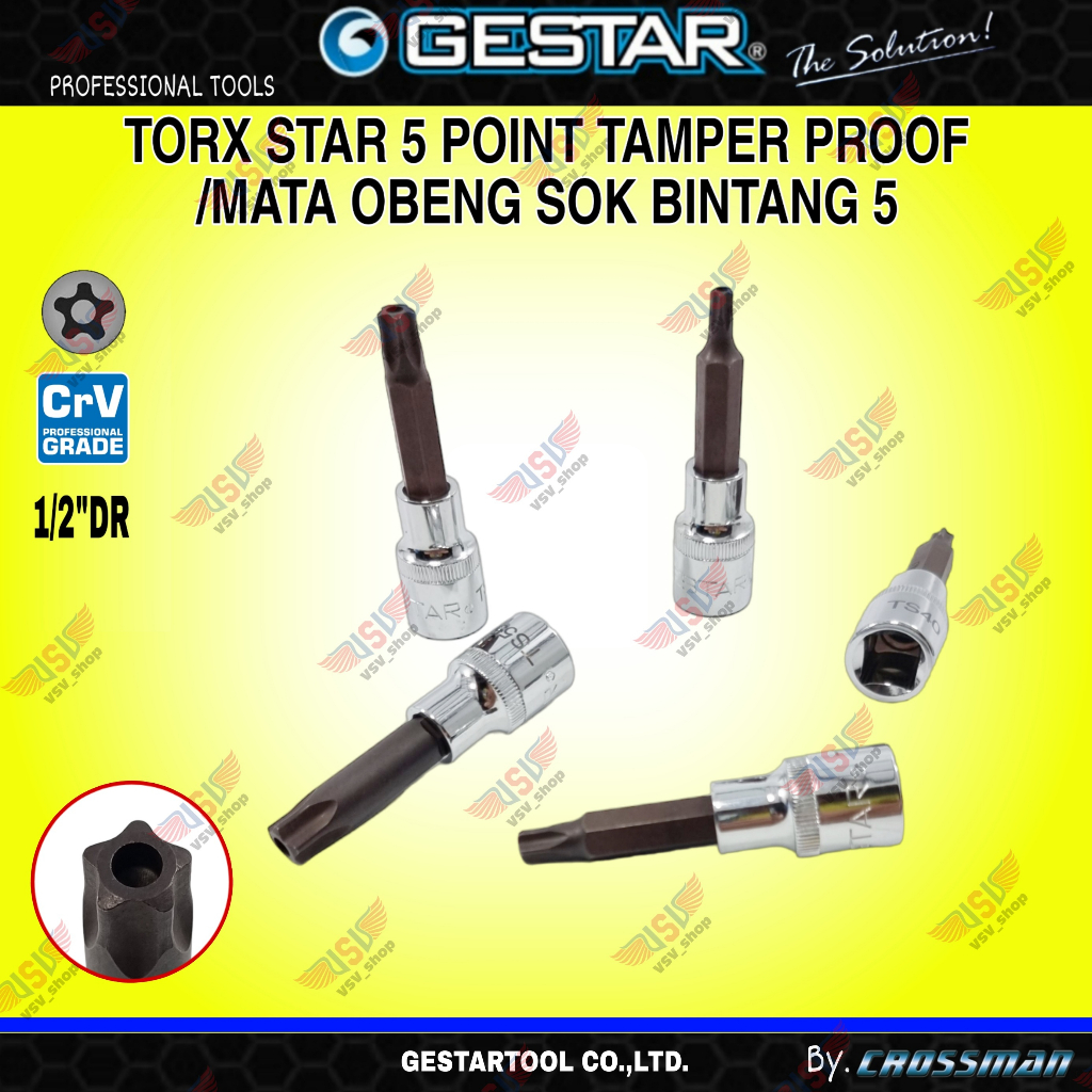 GESTAR Kunci Bintang Segi 5 Torx Star Bit Socket 5PT 1/2&quot;DR TS30 TS40 TS45 TS50 TS55