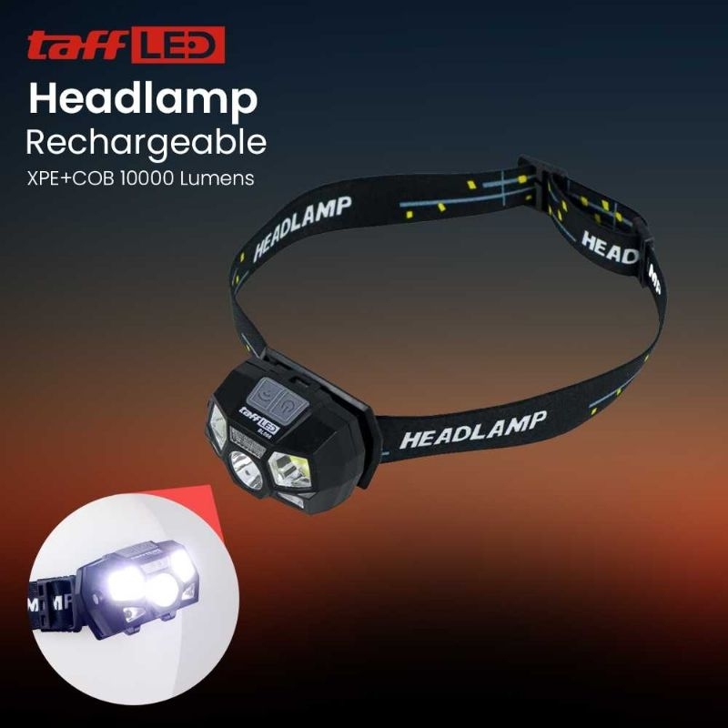 TaffLED Headlamp Lampu Kepala Mendaki Lampu Camping Rechargeable USB Motion XPE+COB 10000Lumens