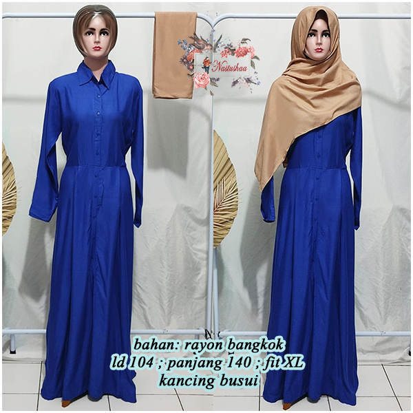 Setelan Gamis Syari Wanita Bahan Rayon Bangkok Biru Maxy Panjang Cewek Kancing Depan Busui Friendly Free Pashmina Warna Cream Fit XL