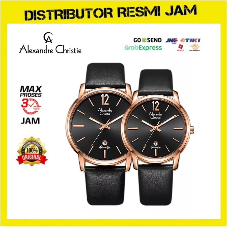 Jam Tangan Couple Alexandre Christie AC 8669 AC8669 Black Rosegold