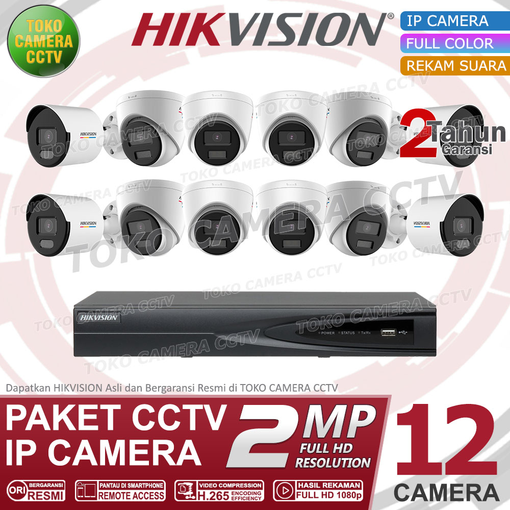 PAKET CCTV IP CAMERA HIKVISION 2MP COLORVU AUDIO 16 CHANNEL 12 KAMERA