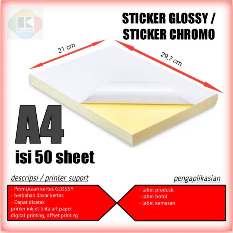 

KERTAS STIKER GLOSSY Sticker chromo A4 MENGKILAP/CHROMO/LABEL A4 ISI 50 SHEET