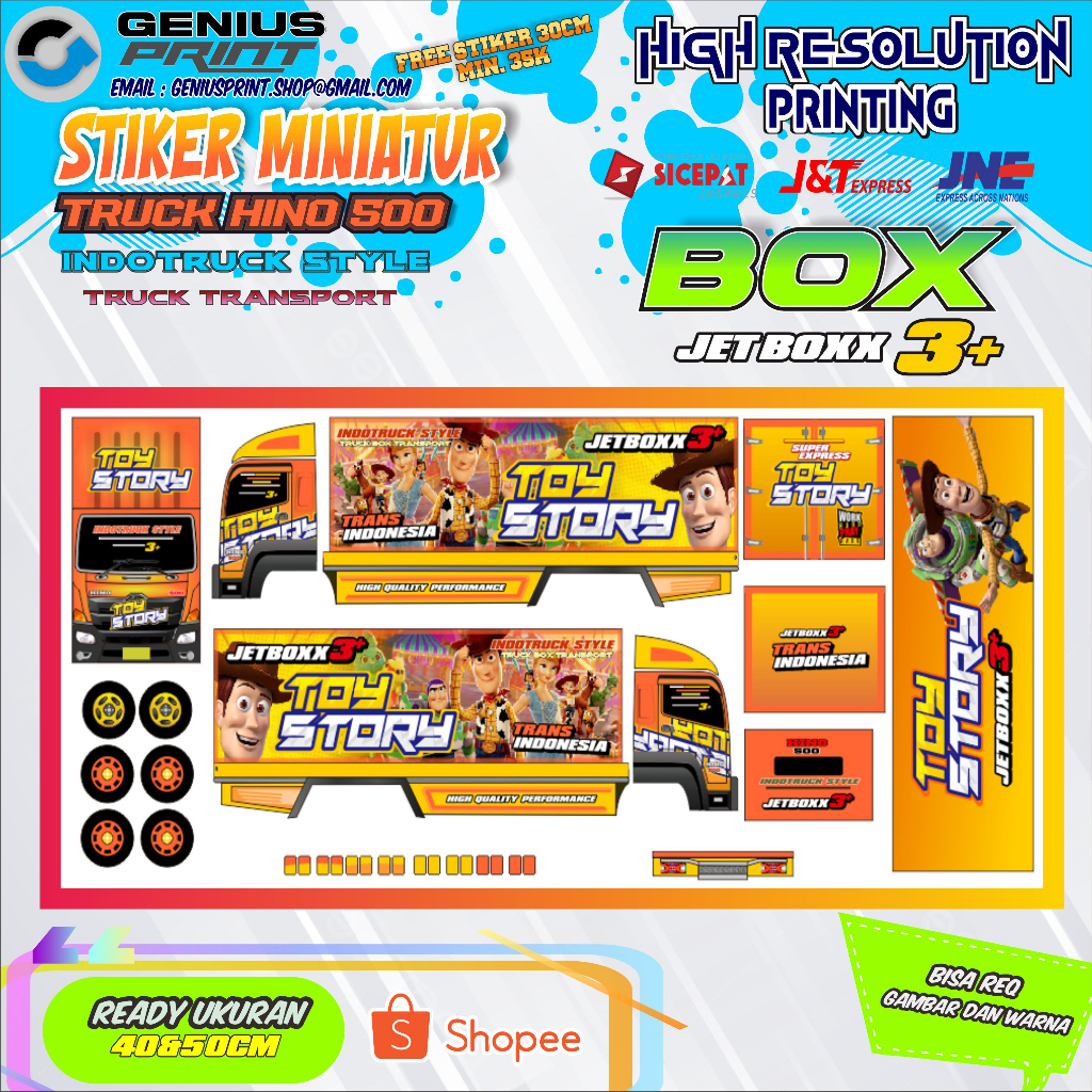 STIKER MAINAN MINIATUR TRUK HINO 500 BOX  UK. 40&50cm