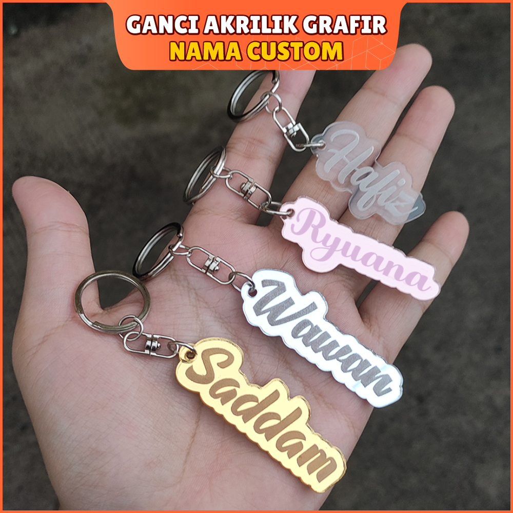 Gantungan Kunci / Tas UKIR NAMA AKRILIK BEBAS CUSTOM Ganci Warna Grafir Gold Rose Silver Mirror Acrylic Acrilic Keychain Murah Kado Ulang Tahun Souvenir Nikah Pernikahan Aesthetic Estetik Lucu Korea Couple Key Chain Grosir Suka Cowok Cewek