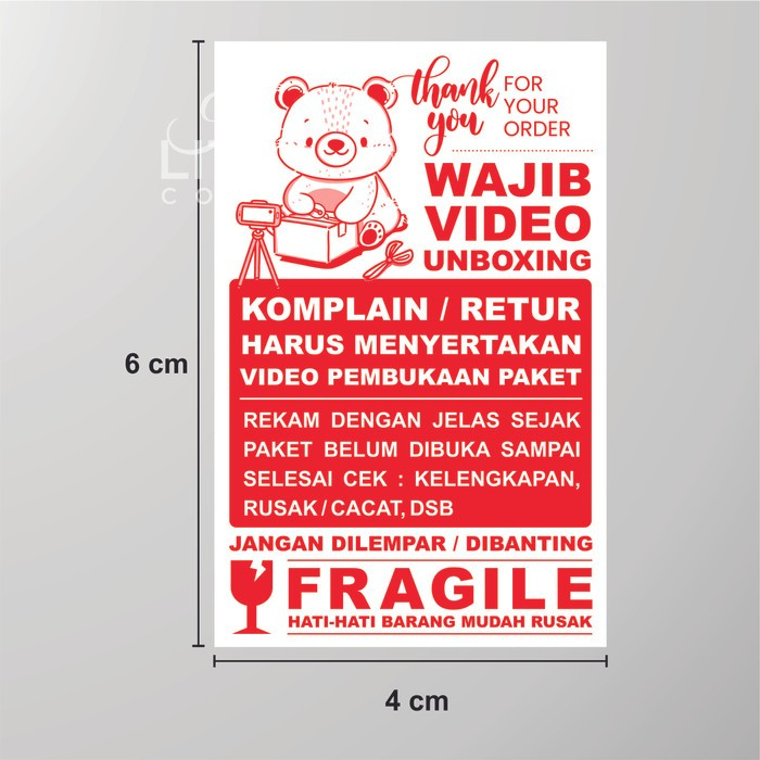 STICKER WAJIB VIDEO UNBOXING - RED (isi 100) uk. 4 x 6 cm - BEAR RED UNBOXING