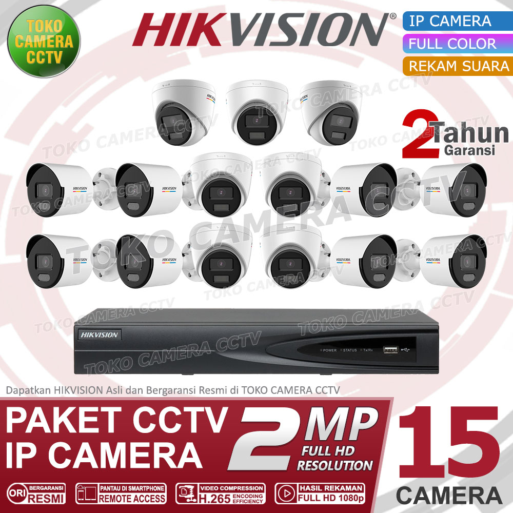 PAKET CCTV IP CAMERA HIKVISION 2MP COLORVU AUDIO 16 CHANNEL 15 KAMERA