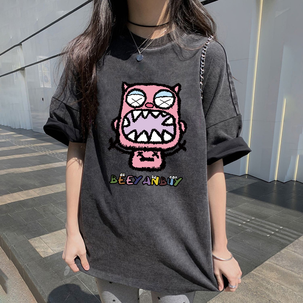 EUNII T-shirt Lengan Pendek Black Washed Cute Pink Monster Printing Korean Style/Kaos Atasan Wanita/Baju Wanita/Kaos Wanita