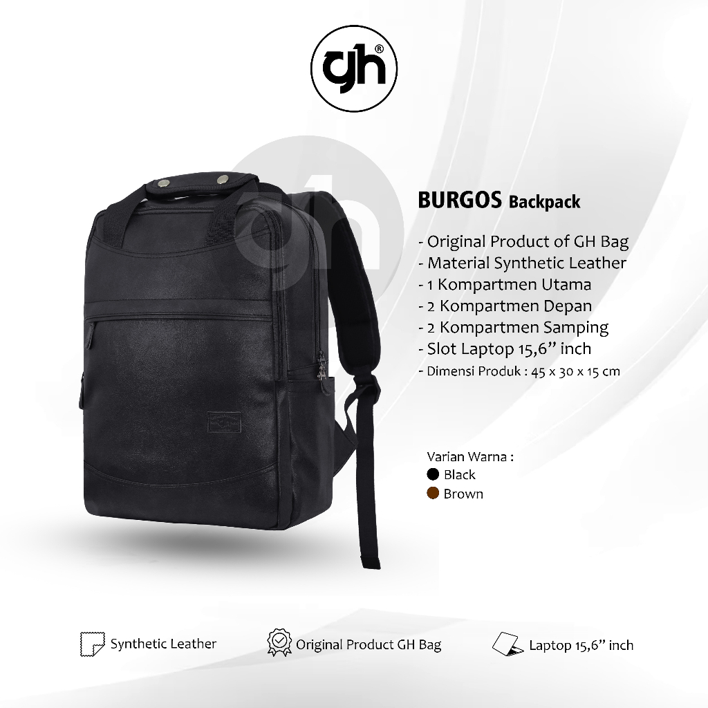 GH-bag Tas Ransel Kulit Pria Burgos Backpack Terbaru Kulit Sintetis Muat Laptop 15 inch Tas Kerja Tas Seminar