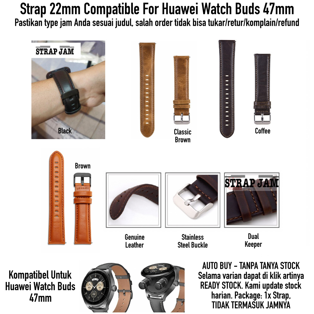 Strap Huawei Watch Buds 47mm - Tali Jam 22mm Genuine Leather Kulit