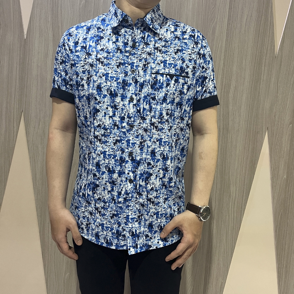 [GRIDLINE - S335 Spider - S304 Blue - S103 Navy] Kemeja Print Pria Lengan Pendek Slimfit FULL KATUN