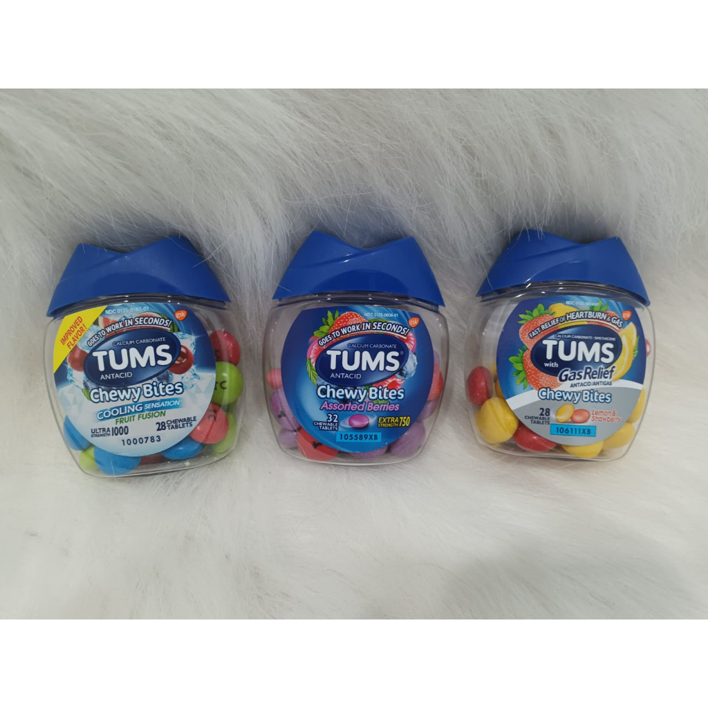 TUMS Chewy Bites Chewable Antacid Tablets with Gas Relief, Lemon &amp; Strawberry - 28 Count