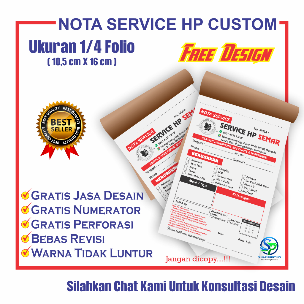 NOTA SERVIS HP CUSTOM 1PLY 2PLY NOTA KONTER - NOTA SERVICE HP - NOTA CUSTOM PROSES CEPAT