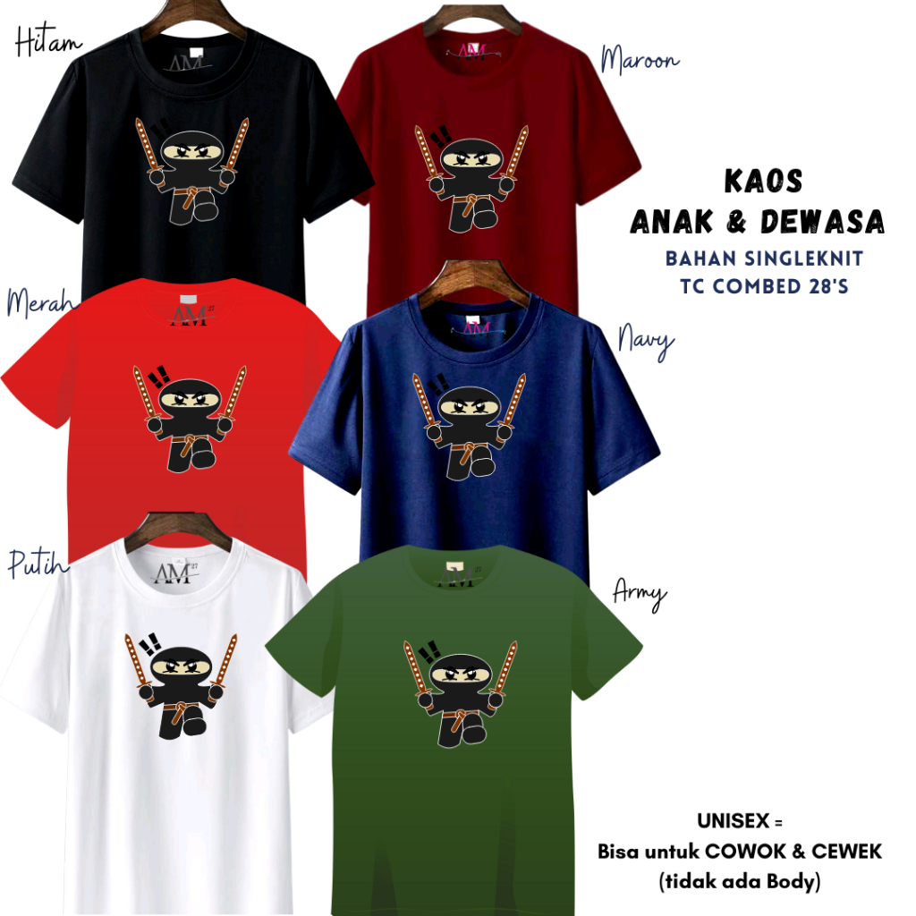 Baju Kaos Anak COWOK 3-12 tahun - remaja - Dewasa S-7XL-XXXL Jumbo NINJA 12warna