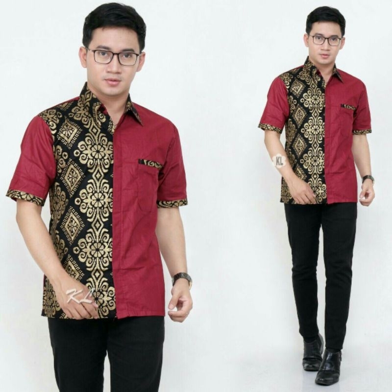 Kemeja Hem Batik Pria Harga Grosir Merah Mix  Emas