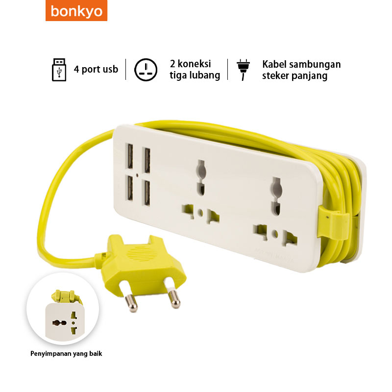 Bonkyo Stop Kontak Power Strip Adapter with 4 USB Ports  and 2 Lubang Colokan