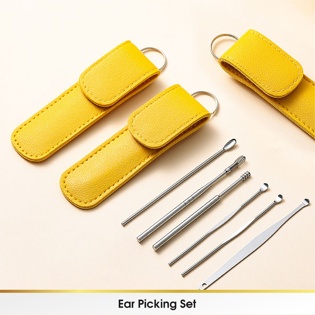 CROWN Set 6 PCS Alat Pembersih Telinga Korek Korekan Kuping Ear Pick Set Stainless Besi 6 PCS