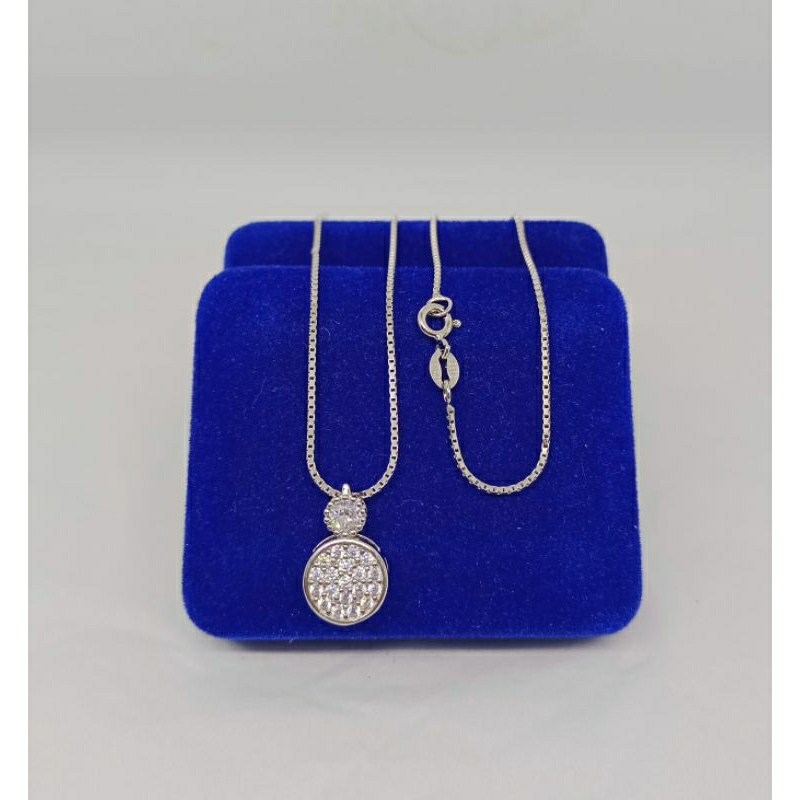 kalung rantai itali kaca+liontin tusuk bulat mata putih/perak asli silver 925 lapis emas/perhiasan fashion wanita terbaru