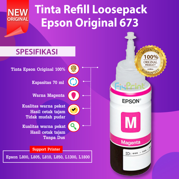 Epson C13T673399 Magenta Tinta Non Box Original  673 Refill Printer L800 L805 L850 L1800 Losspack Non Box