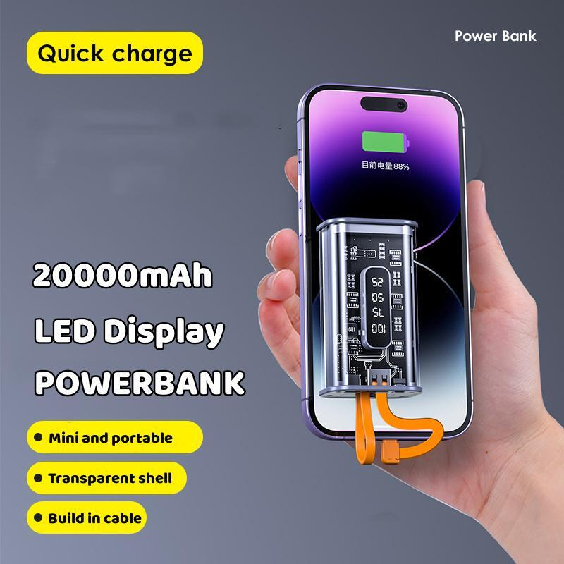 Smart Fast Charging Power Bank 20000mAh with 2in1 Kabel Data Real Capacity Mini Portable Powerbank 3 Output 2 Input Type C Lightning USB Pocket Size