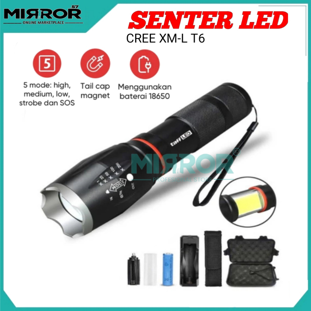 Senter LED Torch XM-L T6 + COB 8000 Lumens Senter 5 Mode Lighting + Baterai + Charger + Box