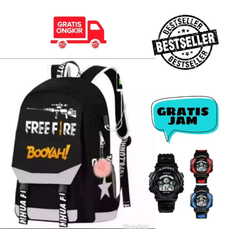 Tas Sekolah anak sd Free Fire Booyah Free Jam tangan