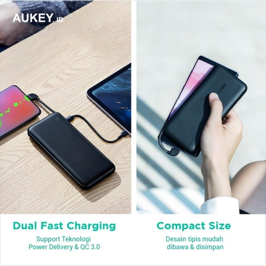 AUKEY PB-N73C BASIX SLING 10000 - Powerbank 10000mAh Built-in Cable - Garansi Distributor Resmi 24 Bulan