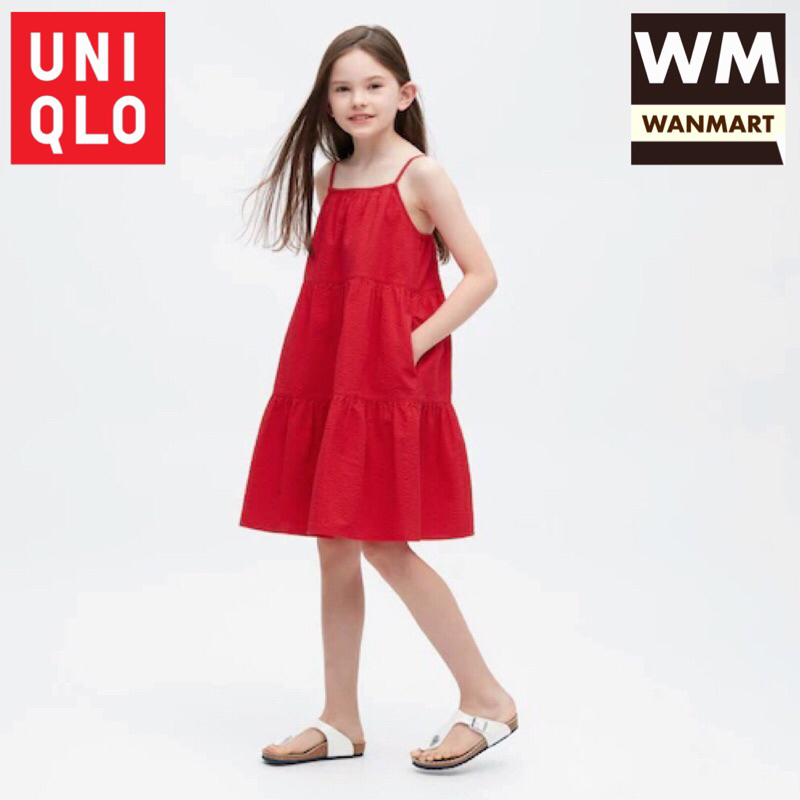 UNIQLO Kids Girls Dress Gaun Kamisol Seersucker Anak Perempuan Red