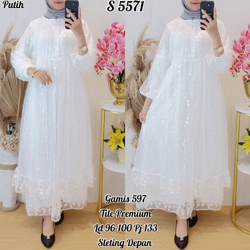 STYLE 5571. Gamis Tile Bordir Layer Putih Polos Premium