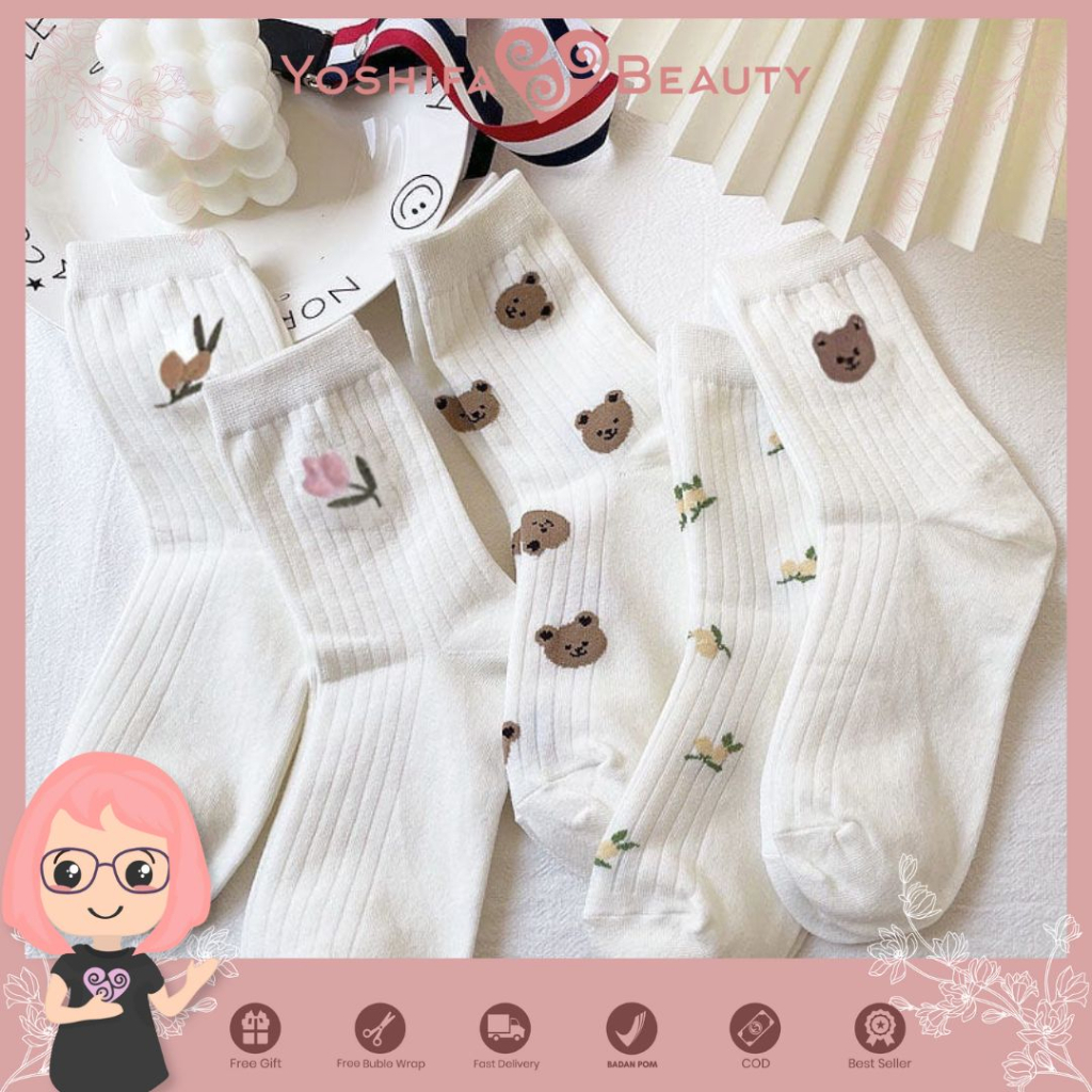 Kaos Kaki Panjang Putih Tekstur Garis Motif Kecil Bunga Bear