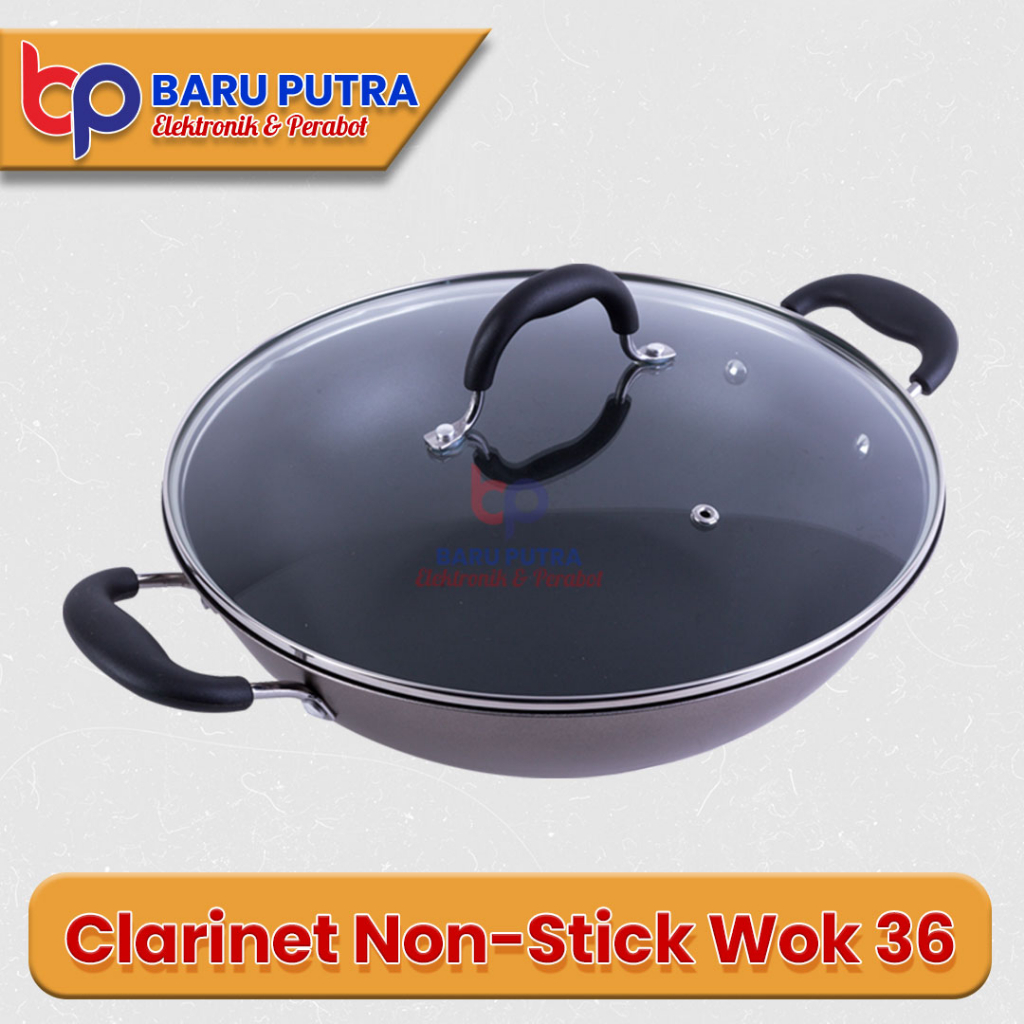 KIRIN Clarinet Wok Teflon Wajan 36CM Classic 2.3MM + Tutup Kaca