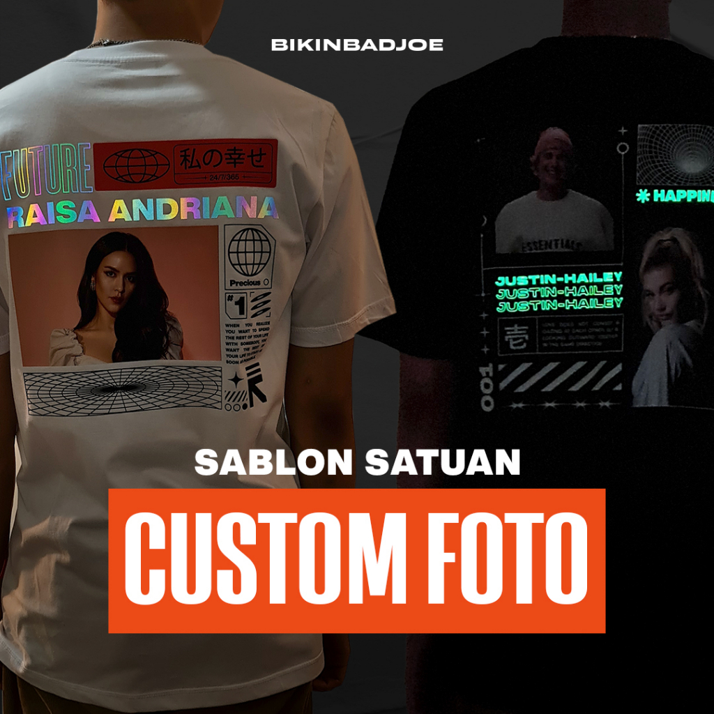 KAOS SABLON SATUAN CUSTOM FOTO (NYALA REFLECTIVE RAINBOW/SILVER/GLOW IN THE DARK)
