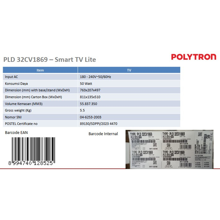 Polytron LED Smart TV 32&quot; Youtube Mirroring Vidio PLD 32CV1869 Digital