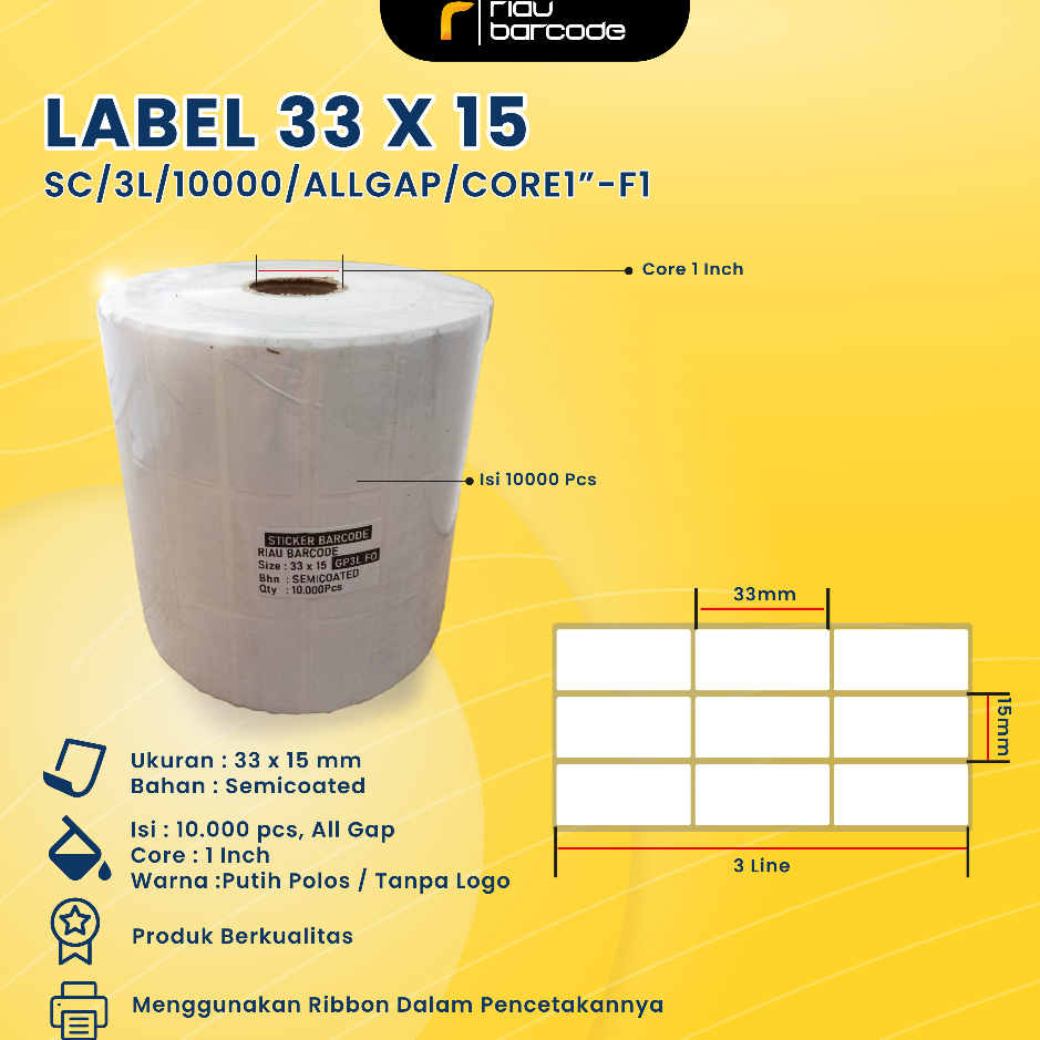 

LABEL BARCODE 33 x 15 - 33x15 mm - 33x15mm ( 3 LINE ) GAP/ALLGAP KERTAS STICKER SEMICOATED