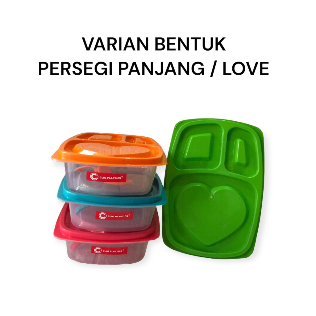 TEMPAT MAKAN / LUNCH BOX MODEL  3 SEKAT + SENDOK - VARIAN 3 BENTUK  - CLIO PLASTICS - FOOD GRADE