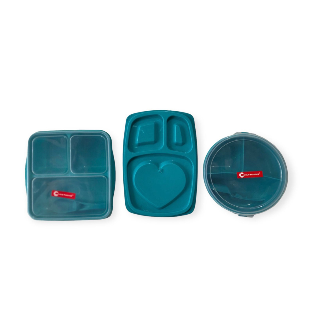 TEMPAT MAKAN / LUNCH BOX MODEL  3 SEKAT + SENDOK - VARIAN 3 BENTUK  - CLIO PLASTICS - FOOD GRADE