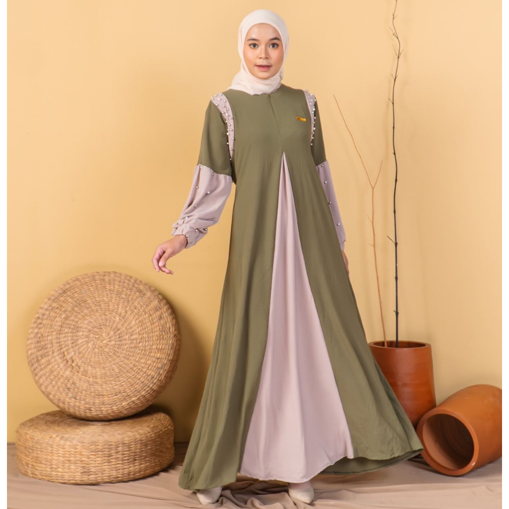 Gamis Abaya Premium Hijau Army Mutiara Ld 102 Najla Dress