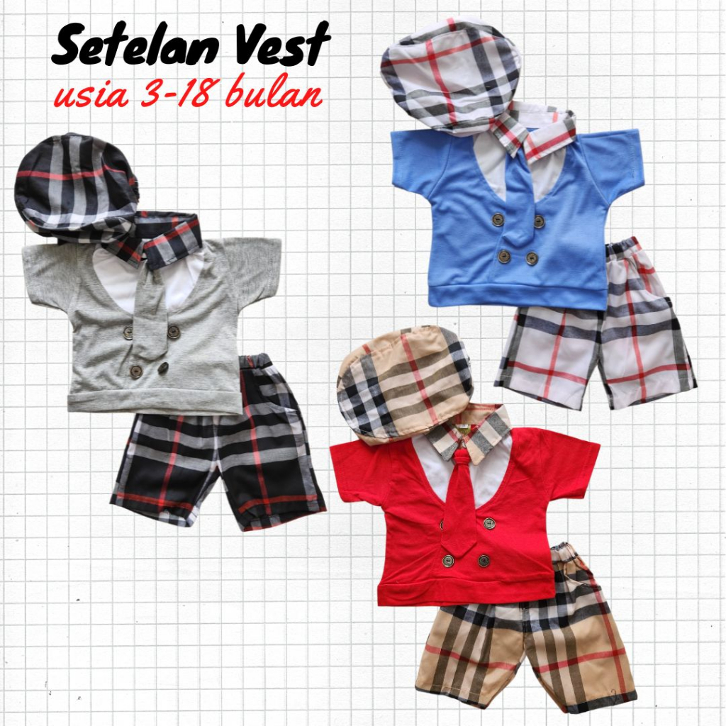 Baju Setelan Anak Bayi Laki Cowok Kotak Krem Golf Dasi Topi Pet