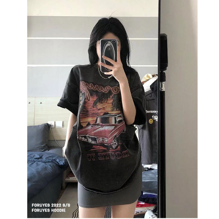 Vintage Kaos Washed hitam Oversize Wanita Lengan Pendek Car Motif Printed T-shirt Import Kaos Couple