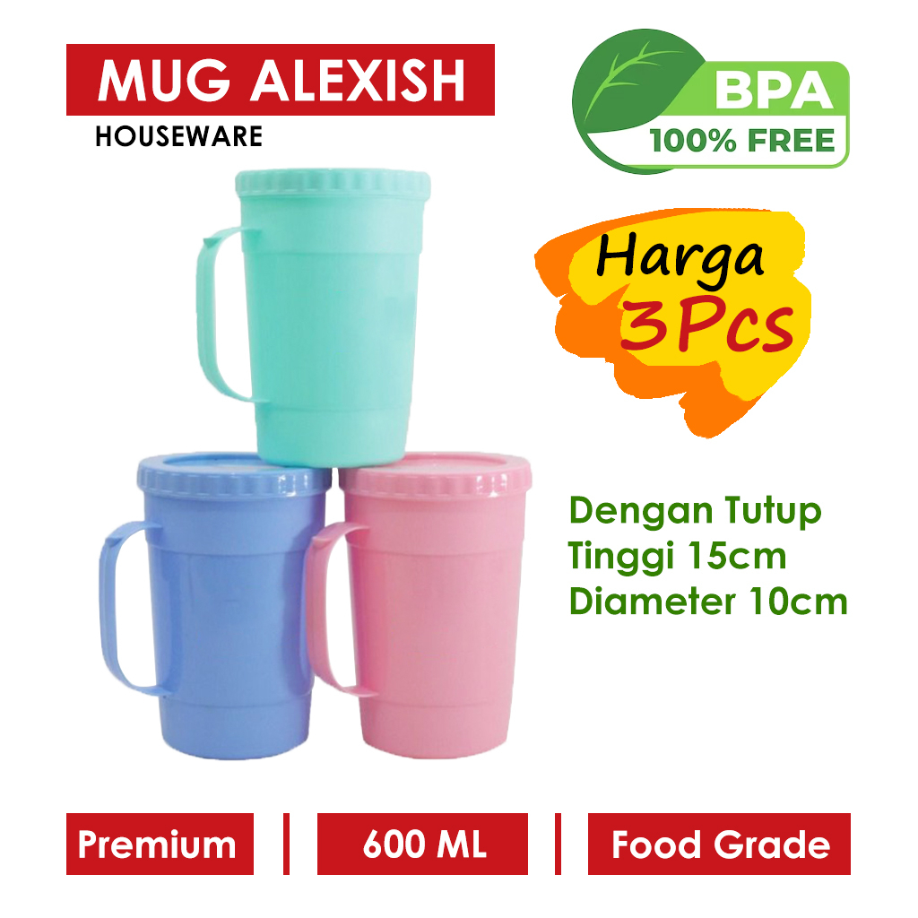 3 Pcs Mug Tutup Besar Benji Gelas Tutup Drat Plastik Alexish Murah Warna Pastel / Gelas Plastik Tebal / Cangkir Plastik Besar