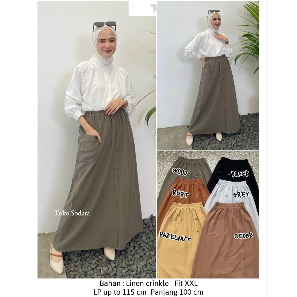 Rok Lisa Linen Aksen Saku  Rok Model Korea Panjang 100