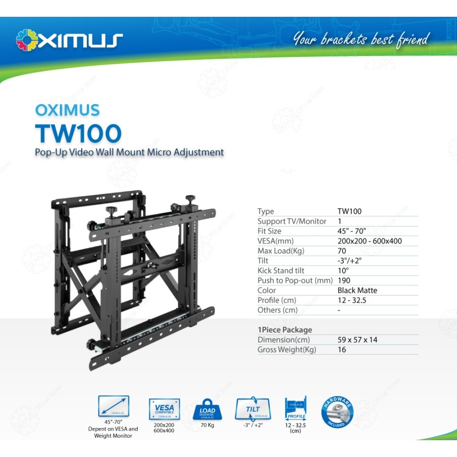 OXIMUS TW100 Bracket LED TV Video Wall Pop Up Tilt Micro Adjustment