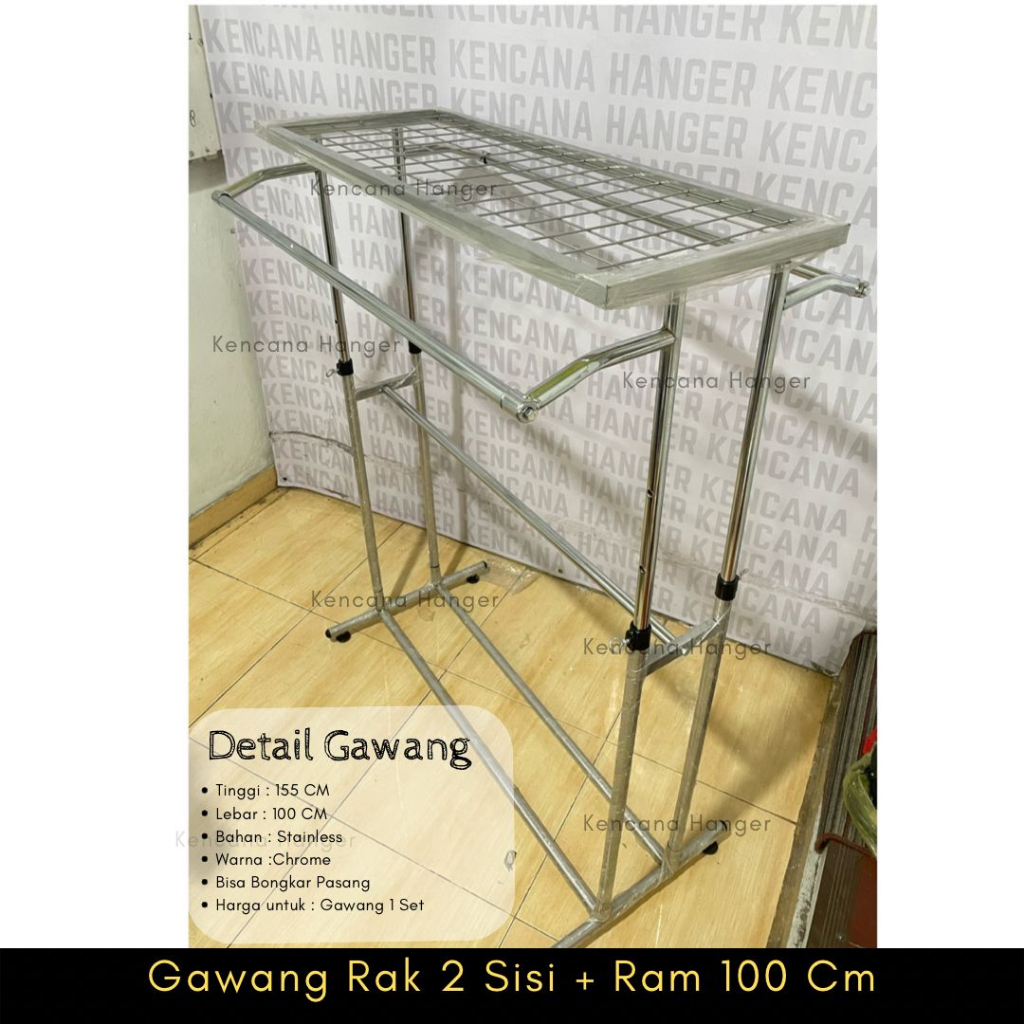 Gawang Baju 2 Sisi Ukuran 1 Meter Plus Tatakan Ram Besi Chrome 40 cm Gawangan Gantungan Baju Display
