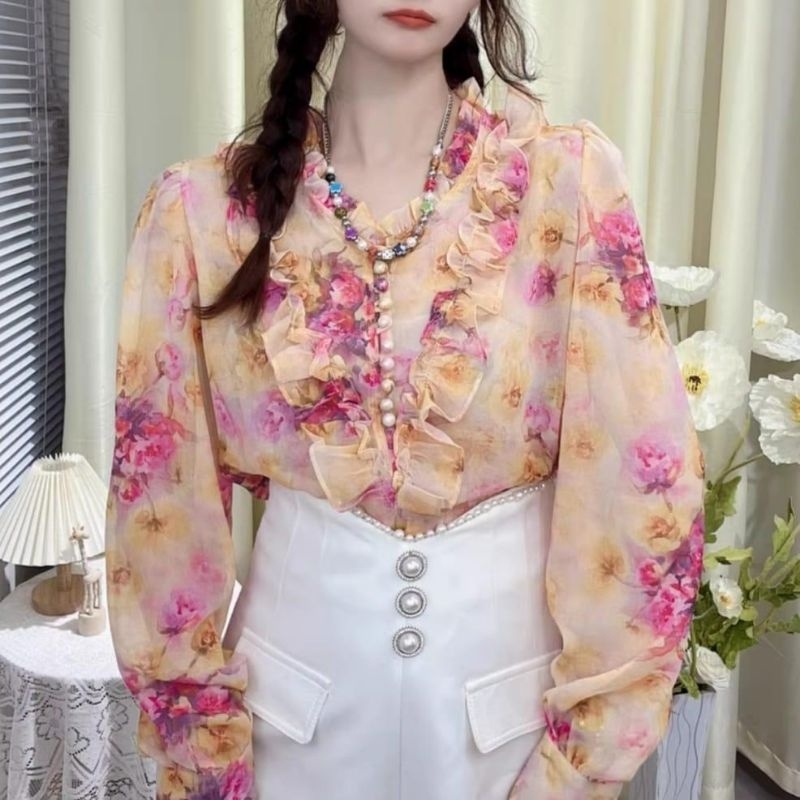 MDLV ~ 7700# Soyya Raffled Blouse Flower korea