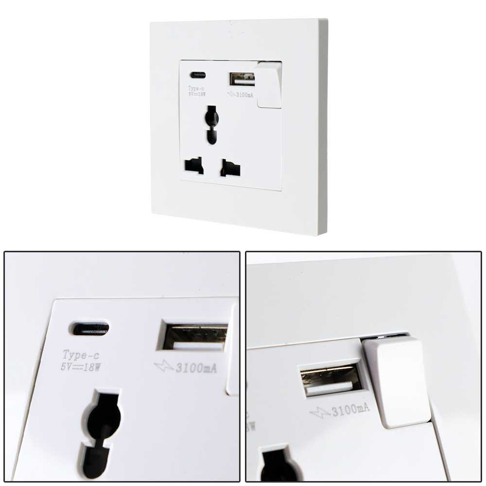 Stopkontak Dinding UK 2 Port USB Type-C Socket with Switch Stop Kontak Multifungsi Isi Daya Smartphone